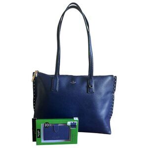 Kate Spade On Purpose Navy Leather Studded Tote Rwanda + MagSafe Wallet NWT